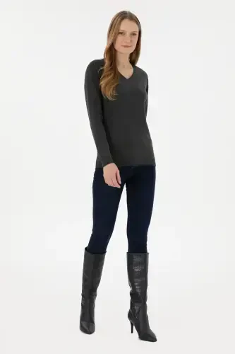 Women's Anthracite V-Neck Basic Sweater 50251903-VR006-142340 - 4