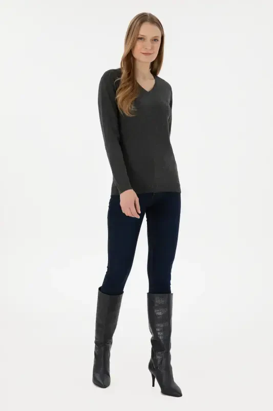 Women's Anthracite V-Neck Basic Sweater 50251903-VR006-142340 - 4
