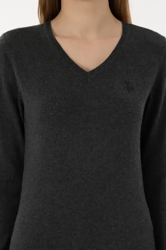 Women's Anthracite V-Neck Basic Sweater 50251903-VR006-142340 - 6