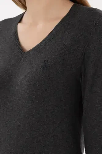 Women's Anthracite V-Neck Basic Sweater 50251903-VR006-142340 - 7