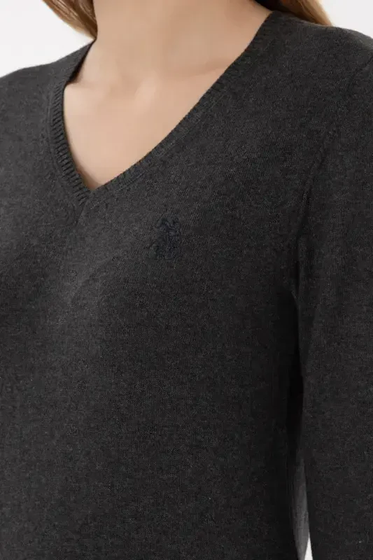 Women's Anthracite V-Neck Basic Sweater 50251903-VR006-142340 - 7