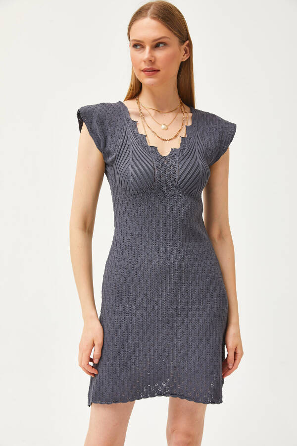 Women's Anthracite V-Neck Lace Knit Bell Dress ELB-19002071 - 1