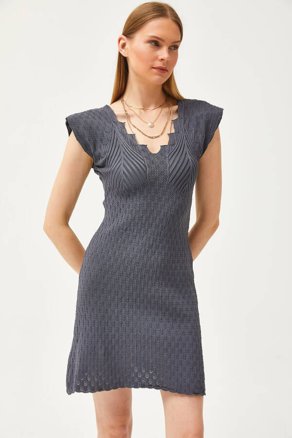 Women's Anthracite V-Neck Lace Knit Bell Dress ELB-19002071 - 3