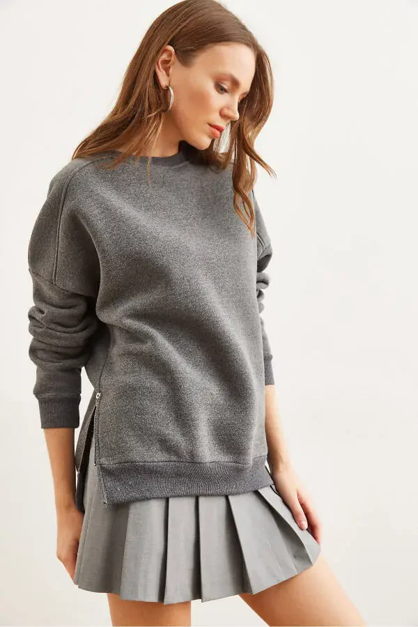 Women's Anthracite Zip Detail Polar Lined Thick Sweatshirt SWT-19000624 - 1