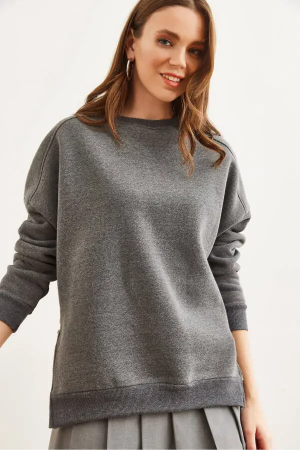 Women's Anthracite Zip Detail Polar Lined Thick Sweatshirt SWT-19000624 - 4