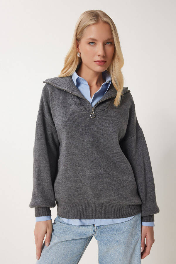 Women's Anthracite Zip Neck Basic Knit Sweater PF00007 - 2