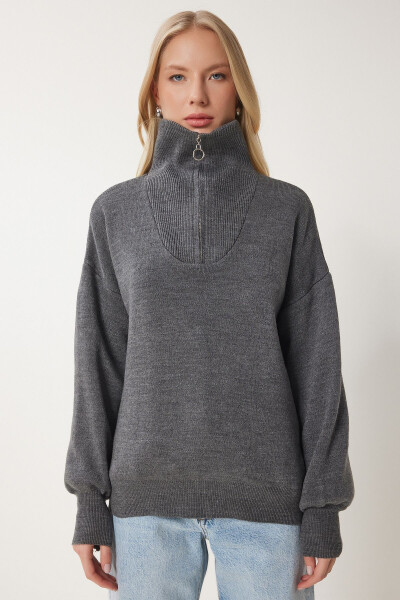 Women's Anthracite Zip Neck Basic Knit Sweater PF00007 - 4