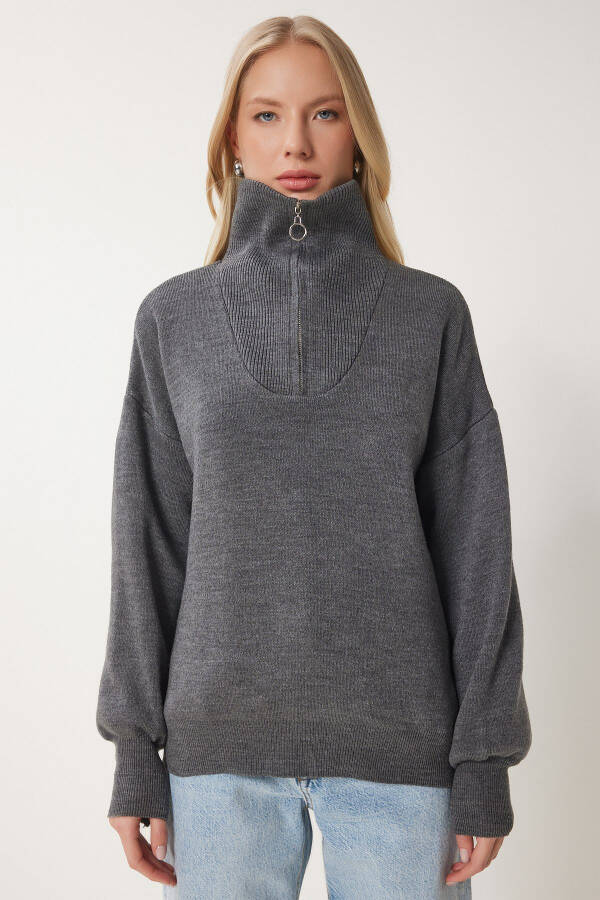 Women's Anthracite Zip Neck Basic Knit Sweater PF00007 - 4