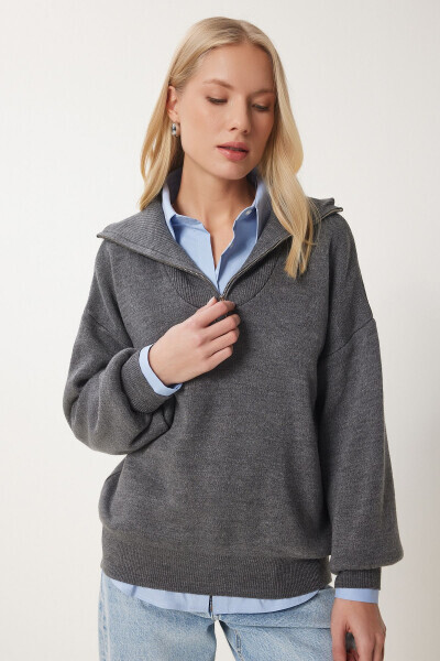 Women's Anthracite Zip Neck Basic Knit Sweater PF00007 - HAPPINESS İSTANBUL