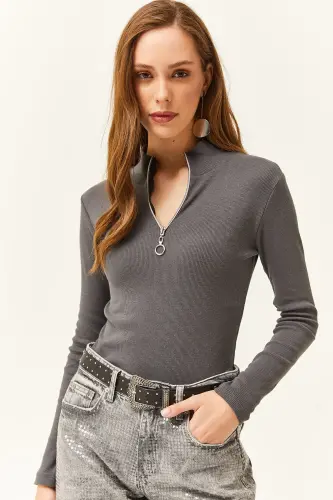Women's Anthracite Zippered Turtleneck Lycra Blouse-Anthracite 