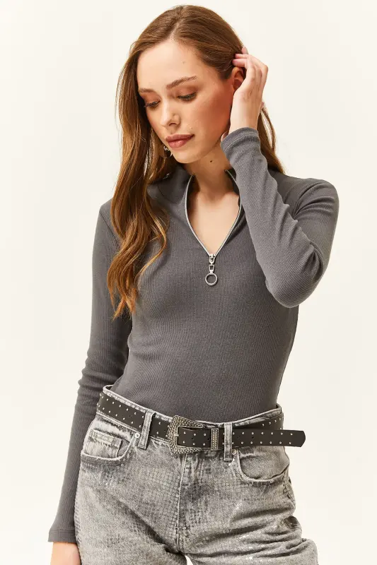 Women's Anthracite Zippered Turtleneck Lycra Blouse-Anthracite - 4