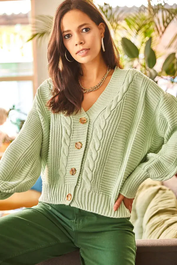 Women's Aqua Green Chunky Cable Knit Cardigan HRK-19000082 - 2