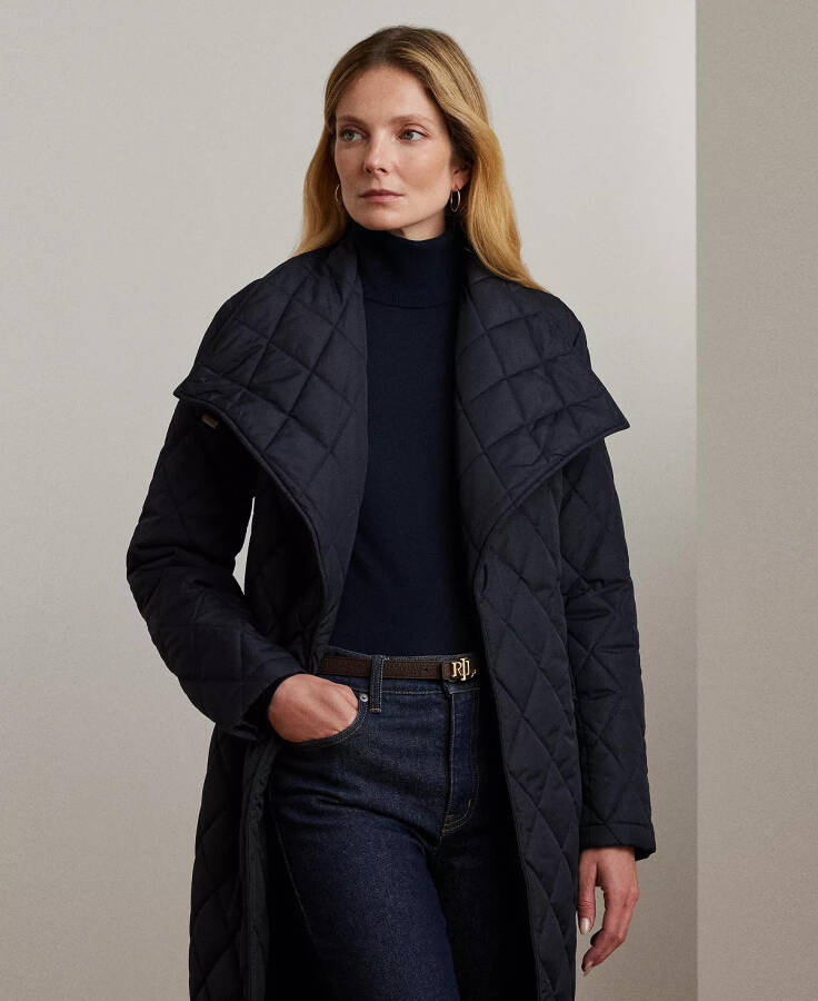 Women's Asymmetric Belted Quilted Coat Dk Navy - 1