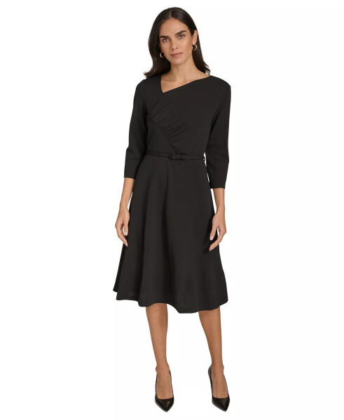 Women's Asymmetric-Neck Belted Dress Black - 1