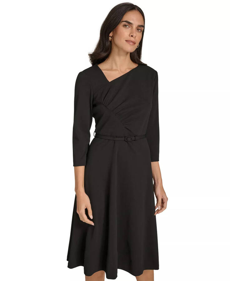 Women's Asymmetric-Neck Belted Dress Black - 3