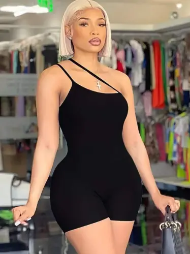 Women's Asymmetric Strap Mini Ribbed Bodycon Jumpsuit - 5