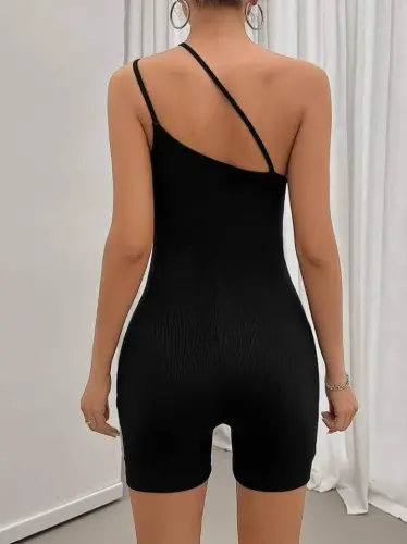 Women's Asymmetric Strap Mini Ribbed Bodycon Jumpsuit - 8