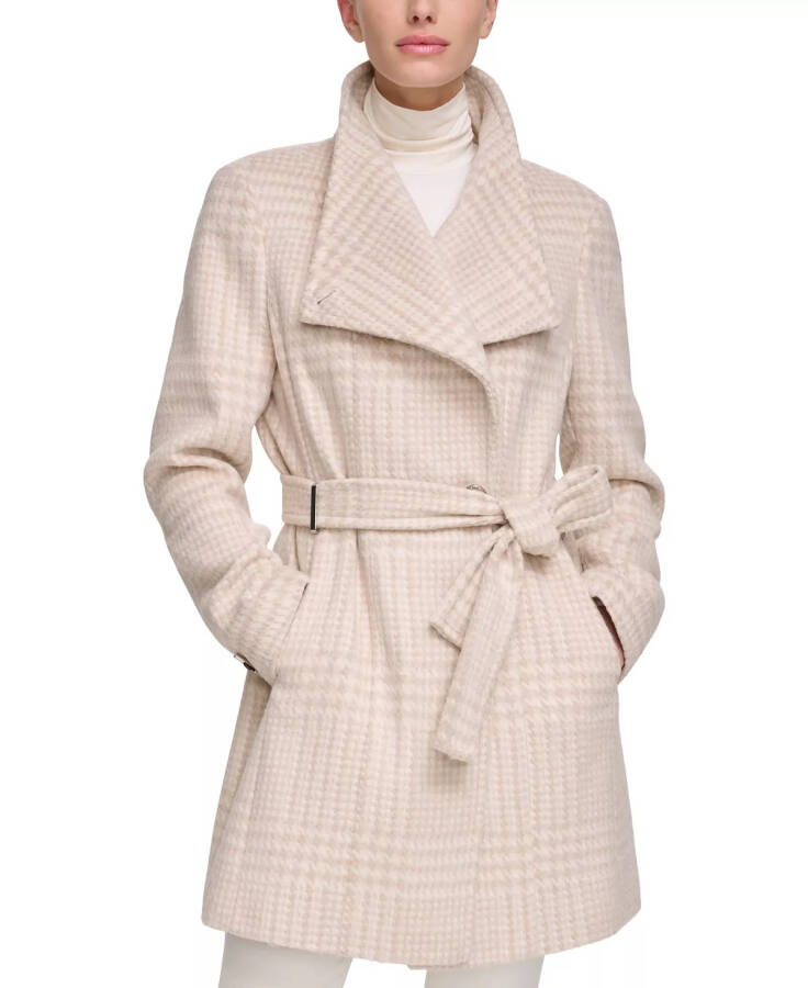 Womens Asymmetrical Belted Wrap Coat, Created for Modazone Beige/Ivory Plaid - 1