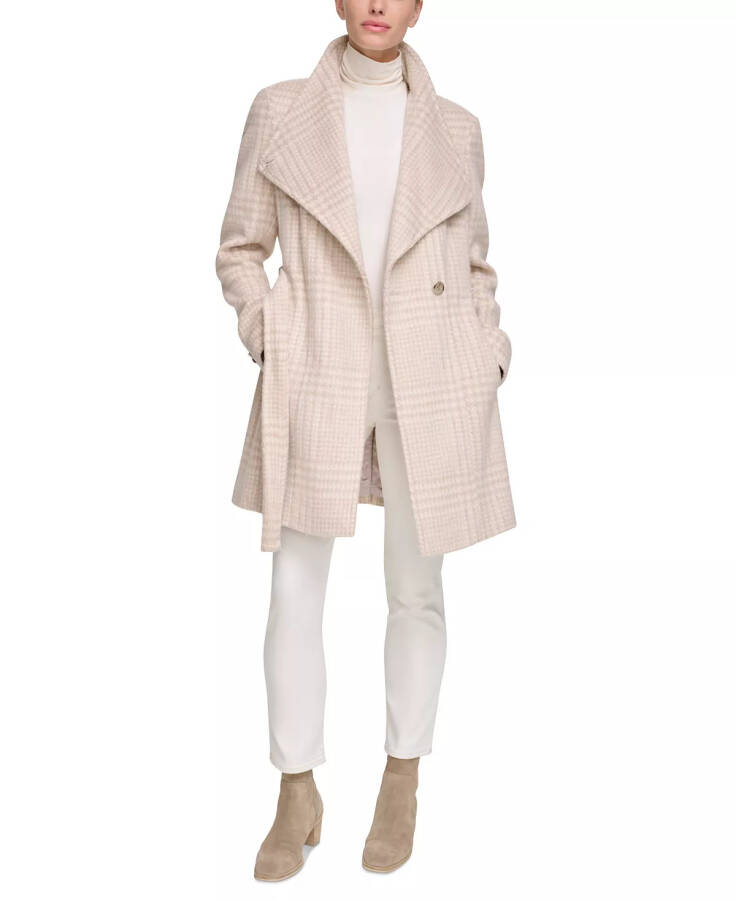 Womens Asymmetrical Belted Wrap Coat, Created for Modazone Beige/Ivory Plaid - 7