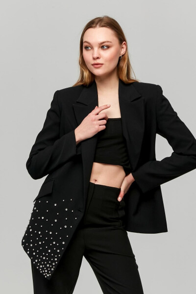 Women's Asymmetrical Cut Stone Embellished Jacket BLACK - 17