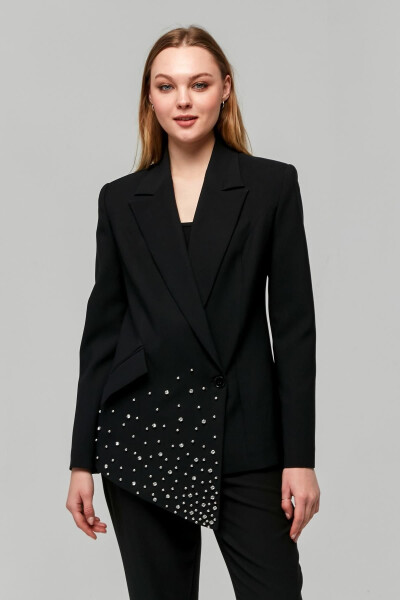 Women's Asymmetrical Cut Stone Embellished Jacket BLACK - 20