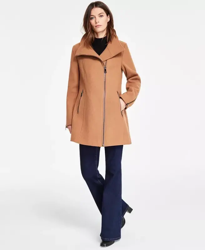Women's Asymmetrical Zip Coat - Dark Camel - 2
