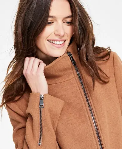 Women's Asymmetrical Zip Coat - Dark Camel - 3