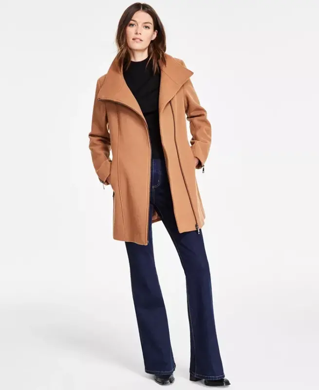 Women's Asymmetrical Zip Coat - Dark Camel - 1