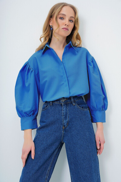 Women's Aviator Blue Balloon Sleeve Concealed Button Basic Poplin Shirt ALC-X9654 - TREND ALAÇATI STILI