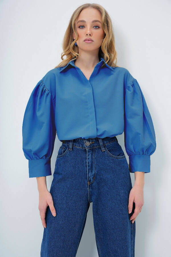 Women's Aviator Blue Balloon Sleeve Concealed Button Basic Poplin Shirt ALC-X9654 - 3
