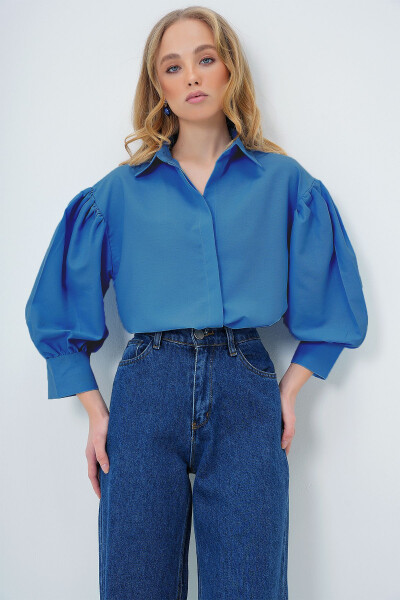 Women's Aviator Blue Balloon Sleeve Concealed Button Basic Poplin Shirt ALC-X9654 - 4