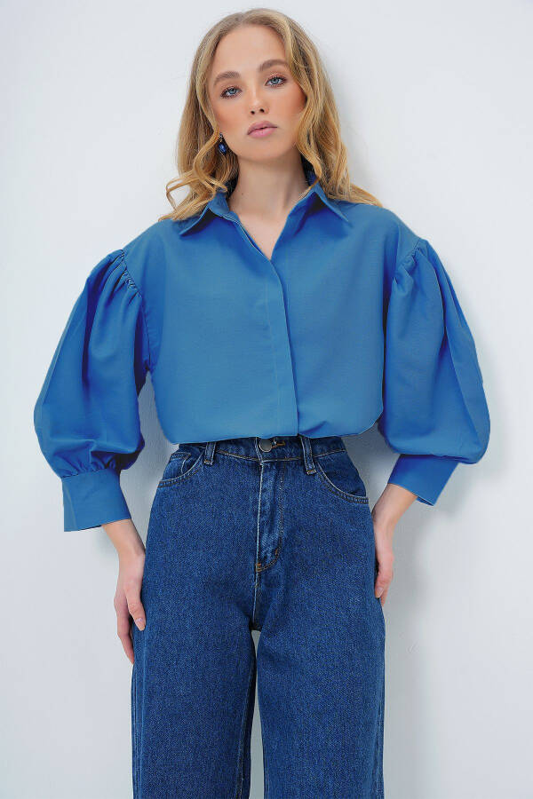 Women's Aviator Blue Balloon Sleeve Concealed Button Basic Poplin Shirt ALC-X9654 - 4