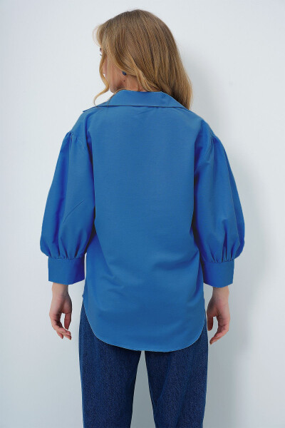 Women's Aviator Blue Balloon Sleeve Concealed Button Basic Poplin Shirt ALC-X9654 - 6