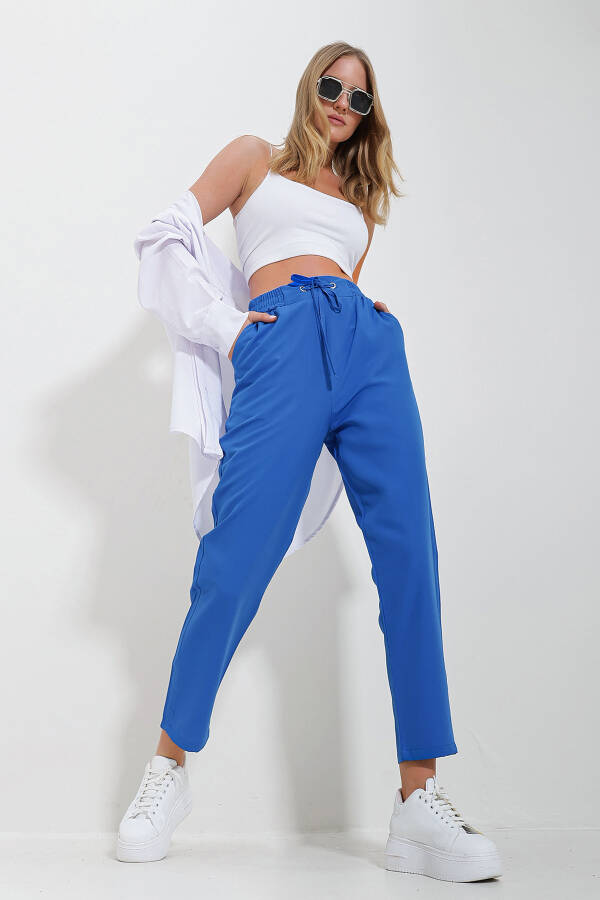 Women's Aviator Blue Elastic Waistband Double Pocket Woven Pants ALC-X11614 - 1