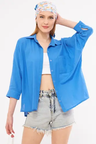 Women's Aviator Blue Pocketed Oversize Linen Shirt ARM-21Y001035-Aviator Blue 