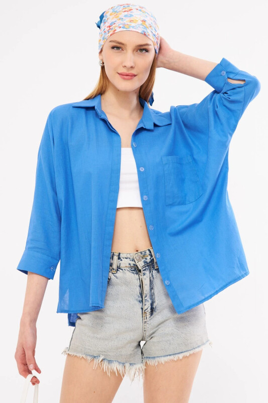 Women's Aviator Blue Pocketed Oversize Linen Shirt ARM-21Y001035-Aviator Blue - ARMONIKA