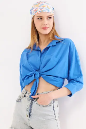 Women's Aviator Blue Pocketed Oversize Linen Shirt ARM-21Y001035-Aviator Blue - 2