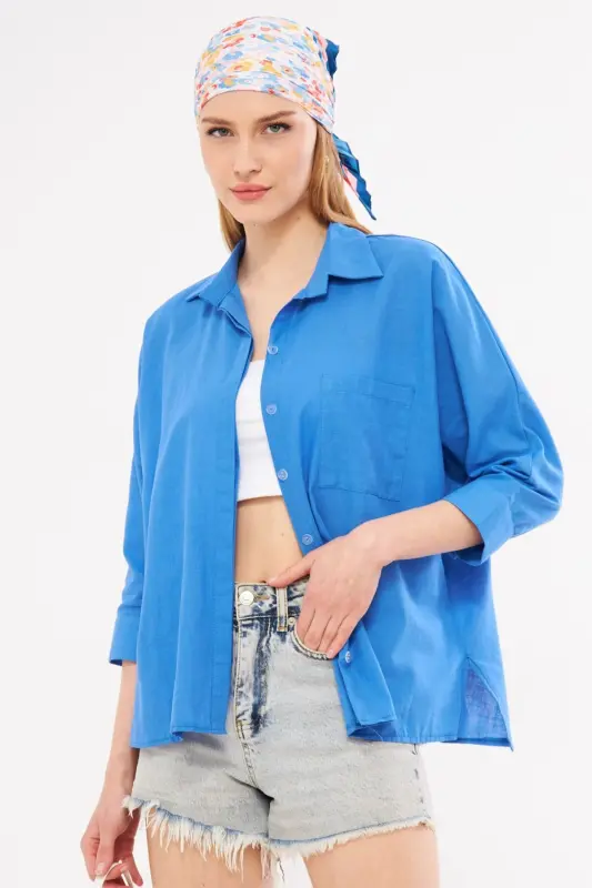 Women's Aviator Blue Pocketed Oversize Linen Shirt ARM-21Y001035-Aviator Blue - 3