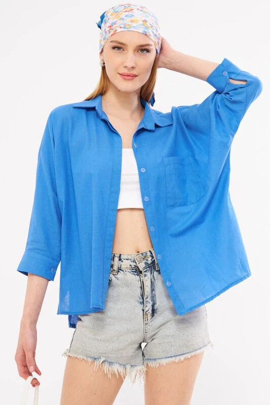 Women's Aviator Blue Pocketed Oversize Linen Shirt ARM-21Y001035-Aviator Blue - Modazone
