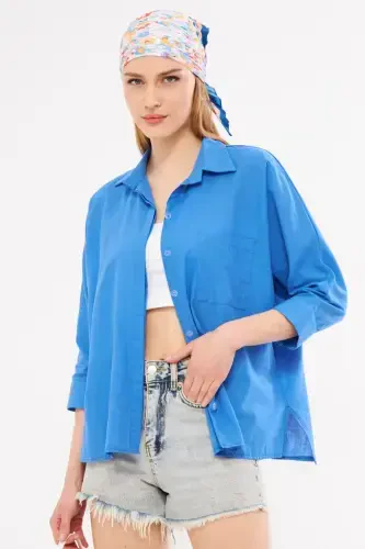 Women's Aviator Blue Pocketed Oversize Linen Shirt ARM-21Y001035-Aviator Blue - 3