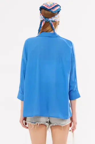 Women's Aviator Blue Pocketed Oversize Linen Shirt ARM-21Y001035-Aviator Blue - 4