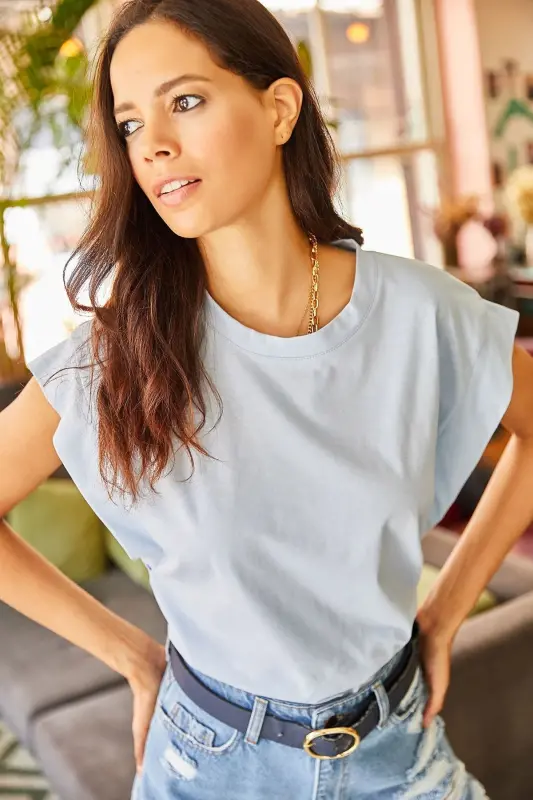 Women's Baby Blue Armpit Detailed Bat T-Shirt - OLALOOK