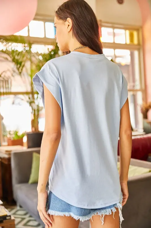 Women's Baby Blue Armpit Detailed Bat T-Shirt - 2