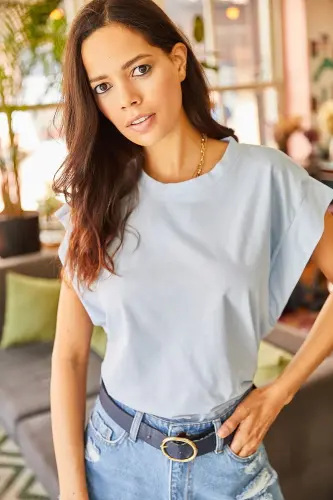 Women's Baby Blue Armpit Detailed Bat T-Shirt - 3