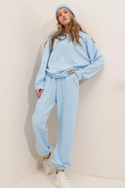 Women's Baby Blue Crew Neck Elastic Waist & Cuff Two-Thread Basic Tracksuit ALC-507-669-001 - 1