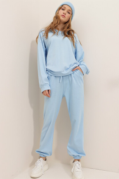 Women's Baby Blue Crew Neck Elastic Waist & Cuff Two-Thread Basic Tracksuit ALC-507-669-001 - 2