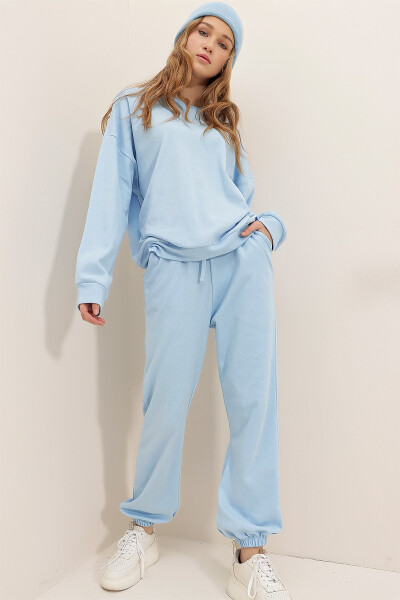 Women's Baby Blue Crew Neck Elastic Waist & Cuff Two-Thread Basic Tracksuit ALC-507-669-001 - 3