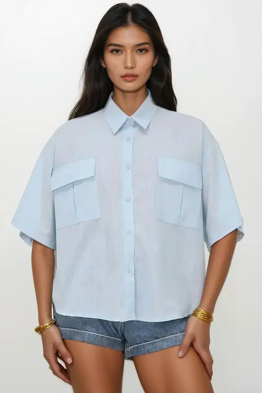 Women's Baby Blue Double Pocket Short Sleeve Linen Shirt ALC-X9991-BABY BLUE - TREND ALAÇATI STILI