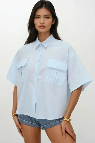 Women's Baby Blue Double Pocket Short Sleeve Linen Shirt ALC-X9991-BABY BLUE - TREND ALAÇATI STILI (1)