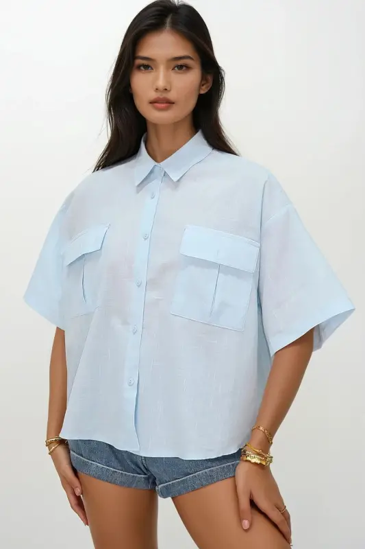 Women's Baby Blue Double Pocket Short Sleeve Linen Shirt ALC-X9991-BABY BLUE - 2